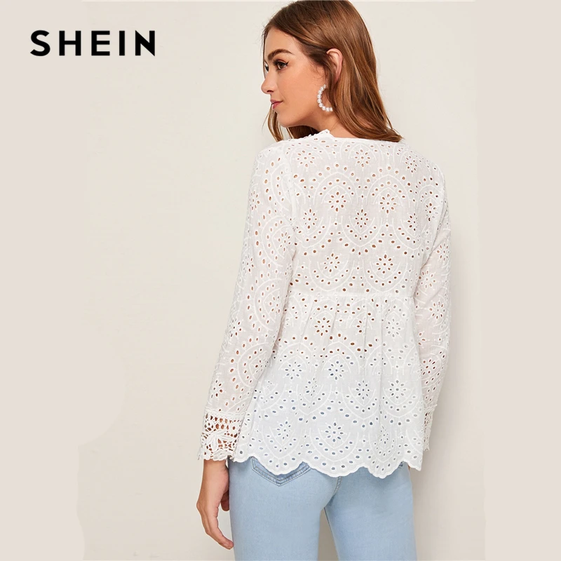 SHEIN белая блузка с v-образным вырезом и вышивкой, с петлей, с баской, женские топы, Осенние праздничные блузки с длинными рукавами и оборками, блузки в богемном стиле