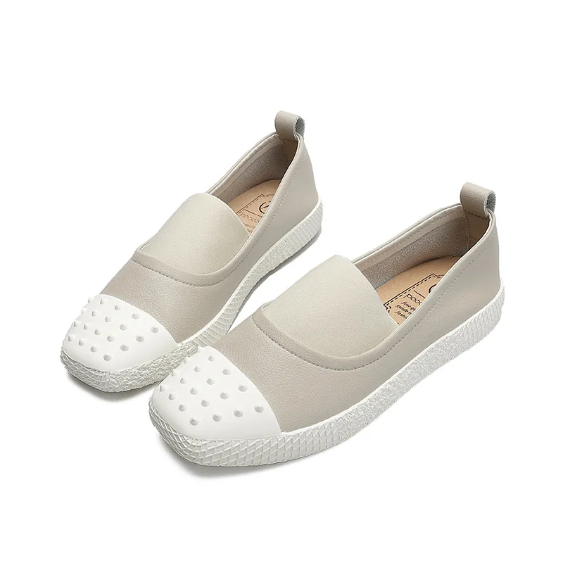 

Genuine Leather Ballet Flats Shoes Women Rivet Fashion White Sneakers Comfortable 2021 Spring New Slip On Female Casual Sneakers