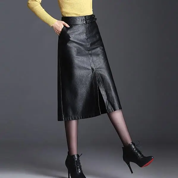 Женские офисные юбки с высокой талией Элегантные зимние кожаные размера плюс