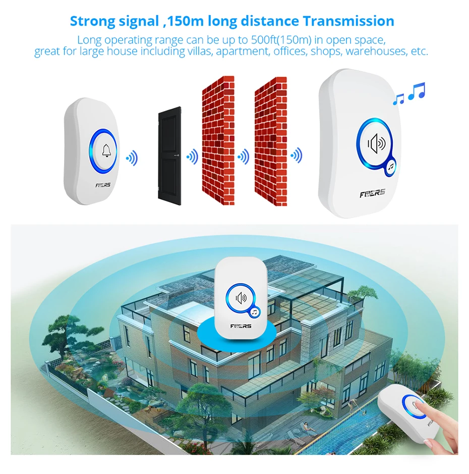 Беспроводной дверной звонок Fuers Водонепроницаемый с 4 режимами громкости и