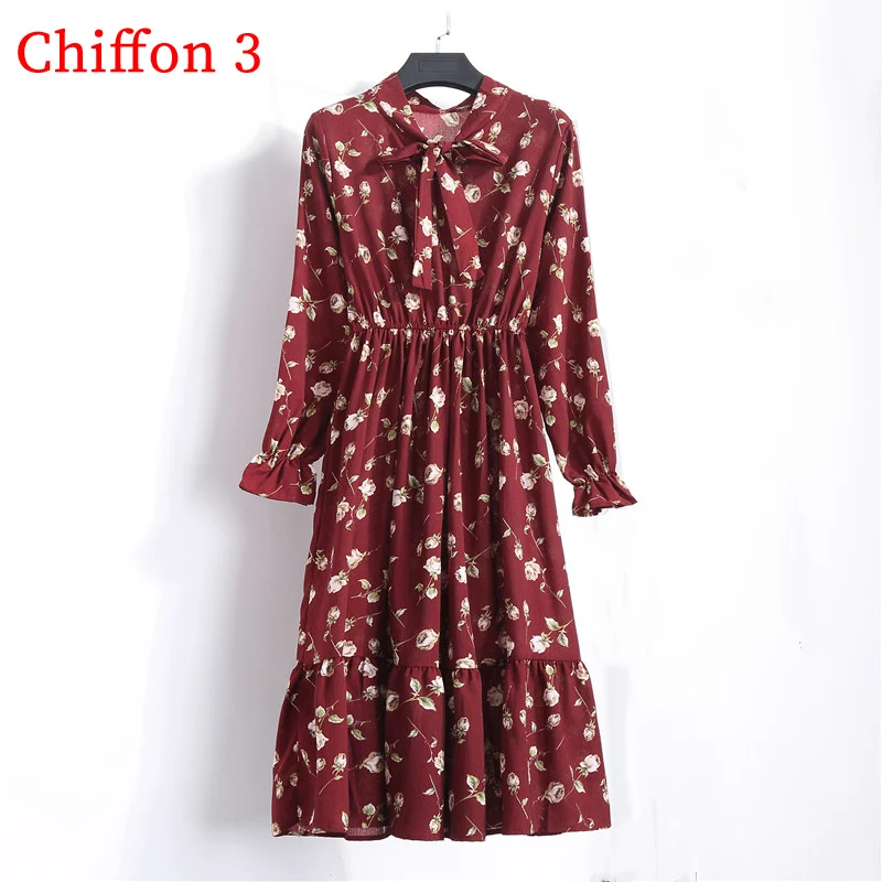 Chiffon 3 Вельветовое зимнее платье для женщин, новинка, винтажное платье миди с цветочным принтом и длинным рукавом, Женские Элегантные платья для вечеринок, женские платья - Цвет: Chiffon 3