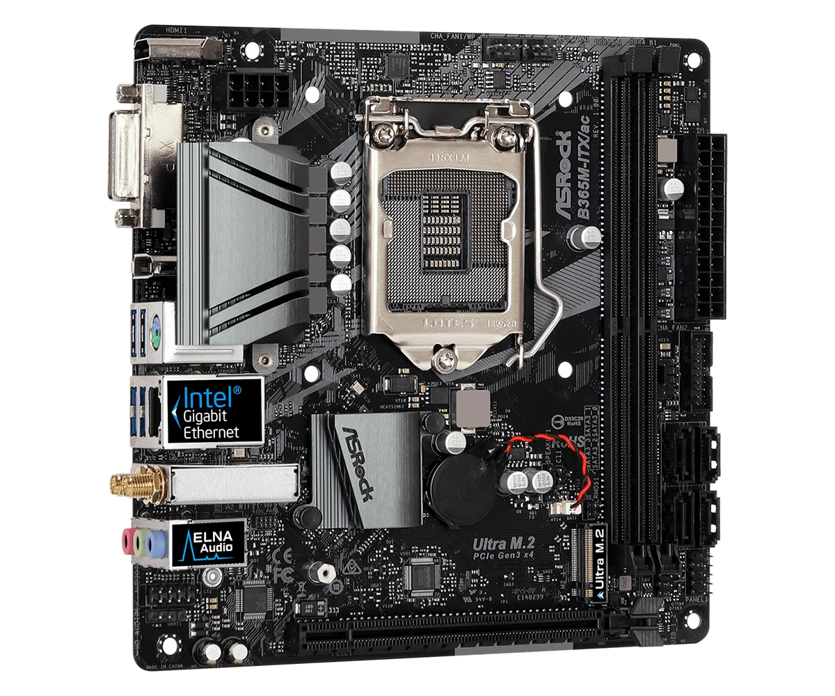 Процессор ASRock B365M-ITX/ac (разъем 1151) поддерживает DDR4 4 SATA3 1 Ultra M.2 (PCIe Gen3 x4 и SATA3) |