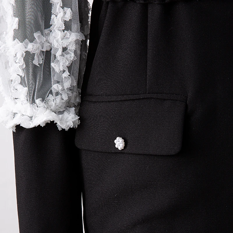 

TWOTWINSTYLE Casual Patchwork Lace Blazer For Women Peter Pan Collar Long Sleeve Hit Color Loose Blazers Females Spring 2021 New