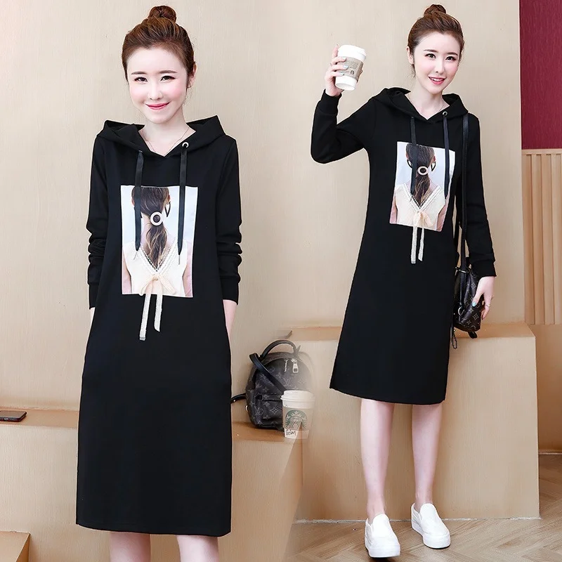 

Winter Woman Dress Hooded Long Sleeve Print Dresses for Women Autumn Fashion Bow Lace Patchwork Midi Female Vestidos 2021