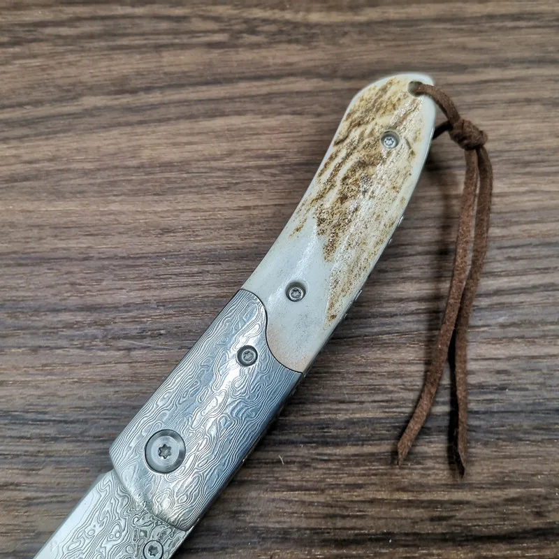 Натуральный ручка Олений Рог складной нож из дамасской стали Сталь Лезвие Отдых