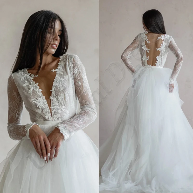 

Fashion Aline Suknia Slubna Long Sleeves Wedding Dresses Tulle Appliques Women Robe De Mariée Sposa Formal Party Bridal Gowns