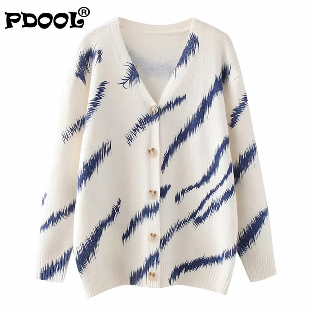 

2021 Women Fashion Printed Sweater Cardigan Vintage V-Neck Single-Breasted Female Street Style Outerwear Knitting Top