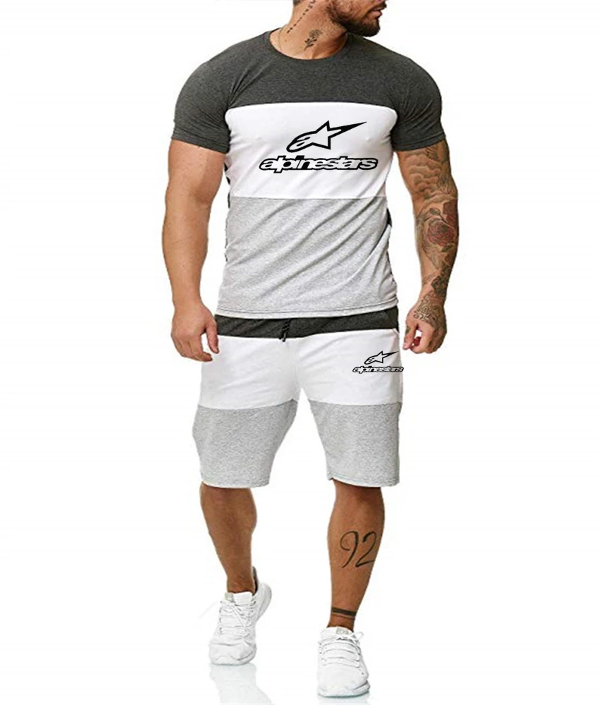 

2021The new Summer Men Set Fitness Suit Sporting Suits Short Sleeve T Shirt + Fashion Shorts 2 Piece Patchwork Casual Suit