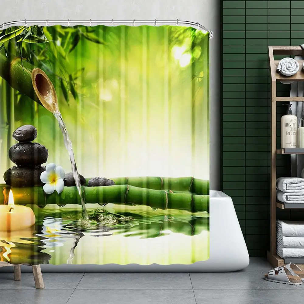 

Natural Scenery Waterproof Shower Curtain Waterfall Bamboo Green Leaf Landscape Bathroom Curtains Bath Screen Cloth Home Decor
