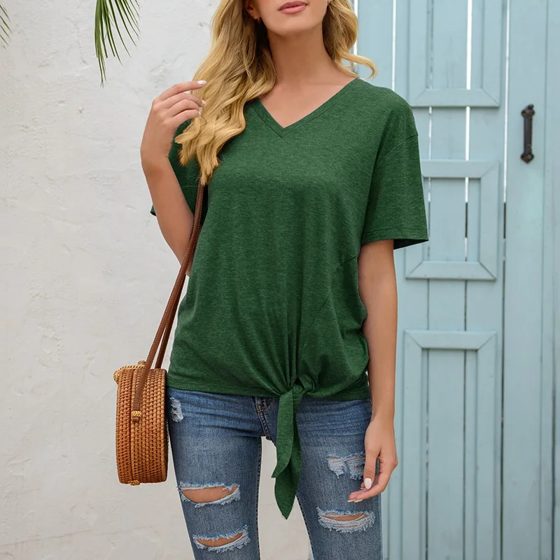 

Women Short-sleeve T-shirt Tops V-Neck Lace Up Female Tee Shirt Summer Casual LooseT Shirt