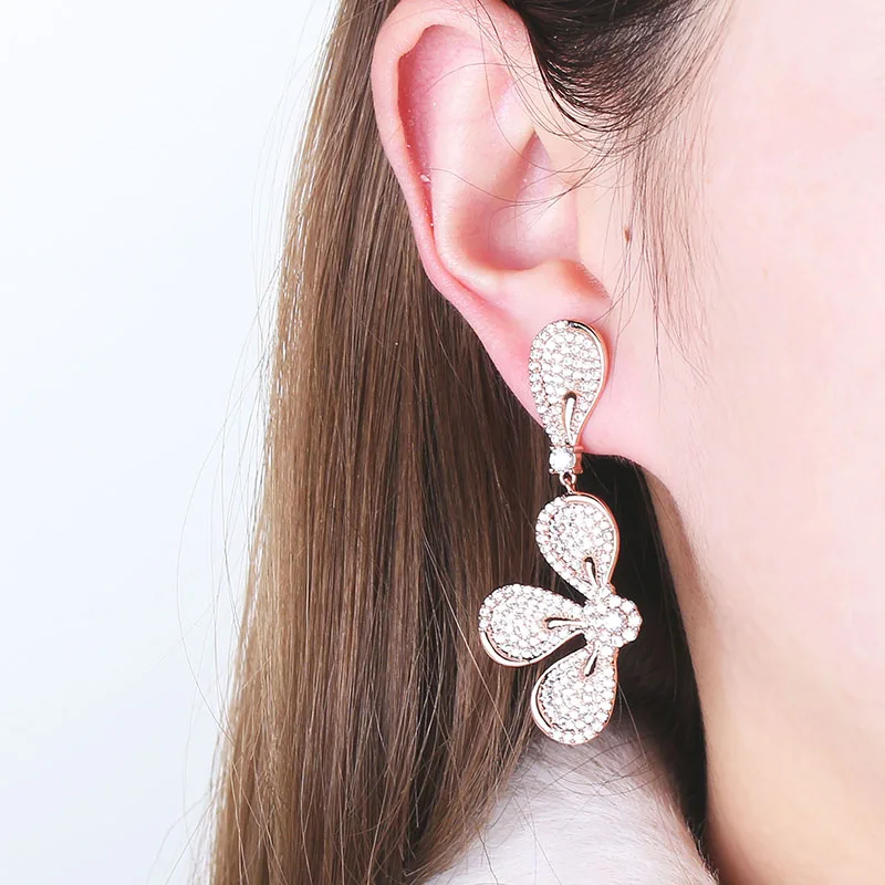 

Trendy Rose Gold Plating Leaf Drop Earrings For Women Wedding Cubic Zircon CZ Elegant Bride Earrings VERY GIRL High Quality