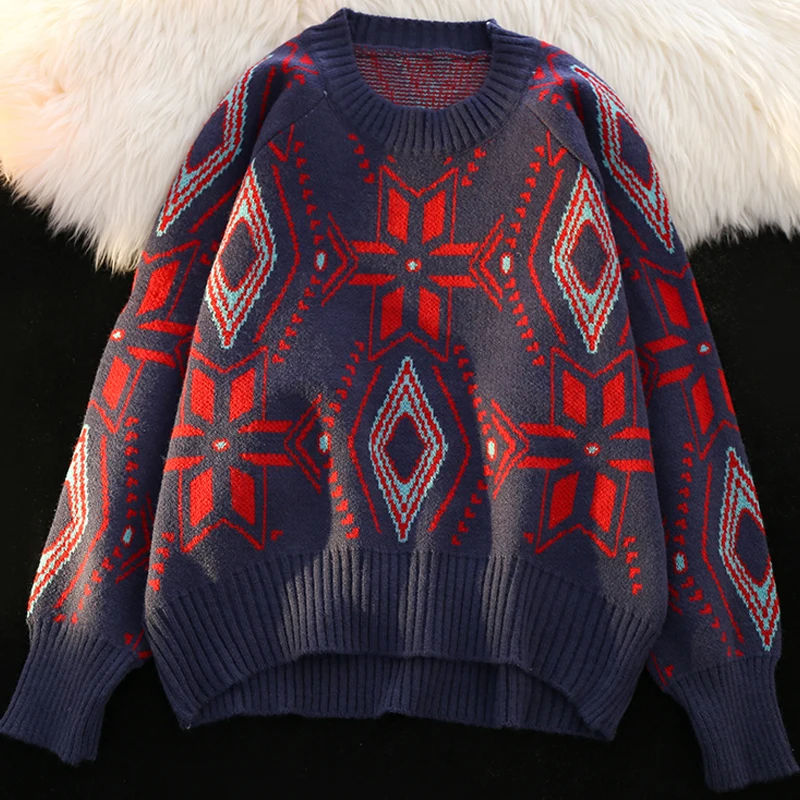 

Round neck jacquard sweater women loose lazy national style autumn and winter 2021 thick knitted retro fashion all-match blouse