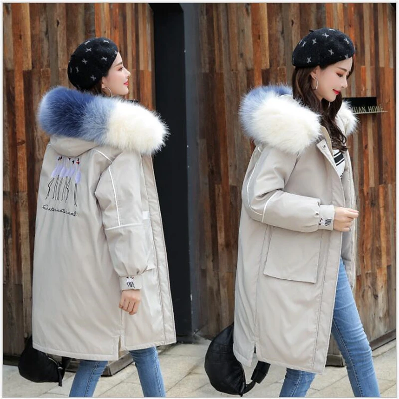 

winter jacket women 2020 thick hooded cotton padded long parka with fur collar overcoat embroiderycasual warm female coats R748