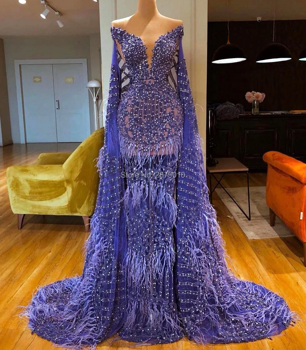 С открытыми плечами Лавандовое вечернее платье Русалка Длина до пола перья Robe De