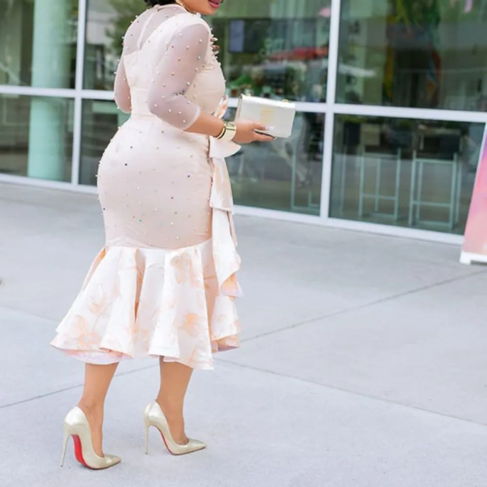 

Western Style Ladies Dress Fashion Temperament Casual Oversize African Commute Elegant Beaded Net Yarn Perspective Round Neck