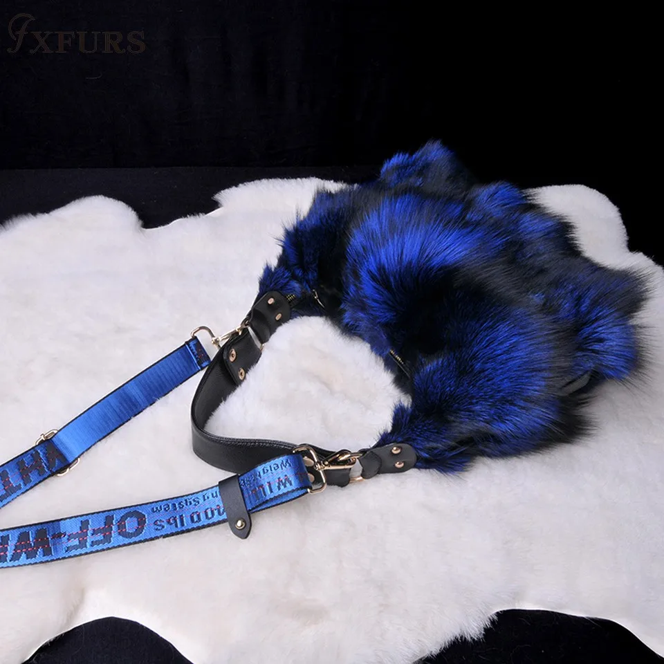 FXFURS, новинка, сумки из натурального лисьего меха, женские сумки через плечо на одно плечо, сумки через плечо из меха серебристой лисы, большие женские клатчи - Цвет: blue