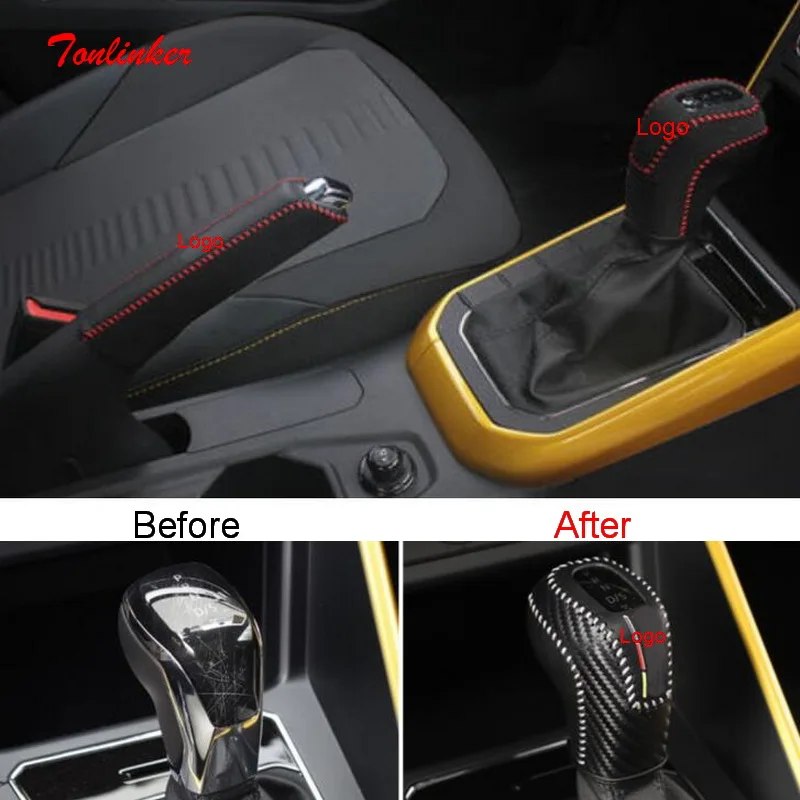 

Tonlinker Interior Gear Head/Handbrake Cover Case Sticker for Volkswagen POLO 2019 Car Styling 1 PCS PU Leather Cover Sticker