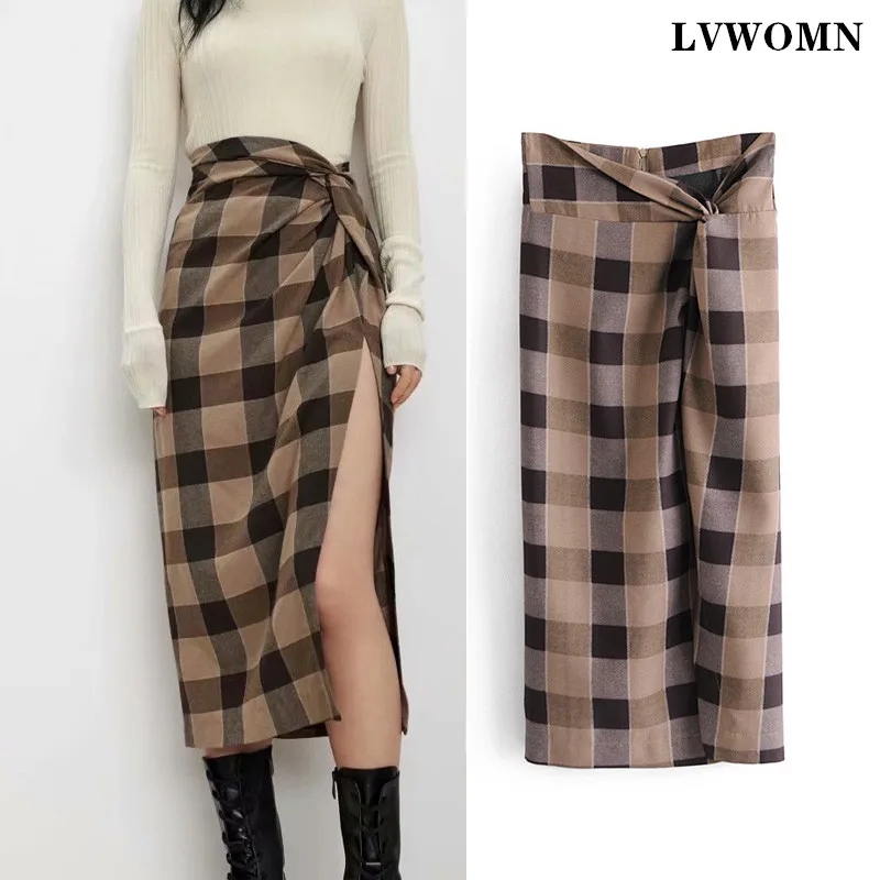 

LVWOMN Long Skirt Women Za 2021 Fashion High-Waisted Plaid Skirts Female Sexy Streetwear Chic Vintage Side Slit pleated Casual