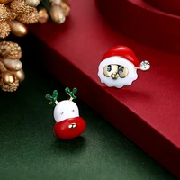 christmas cute multicolor enamel santa deer head earrings for women asymmetry statement dangle earring festival jewelry