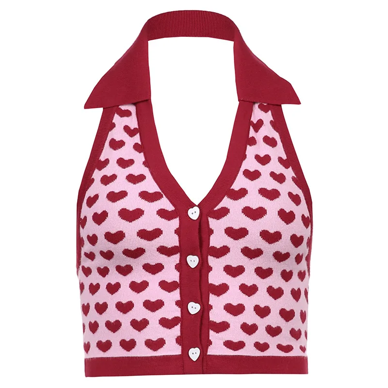 

Knitted Vest 2021 New Women's European and American Style Buttoned Lapel Love Halterneck Vest Women's Halter Bottoming Top