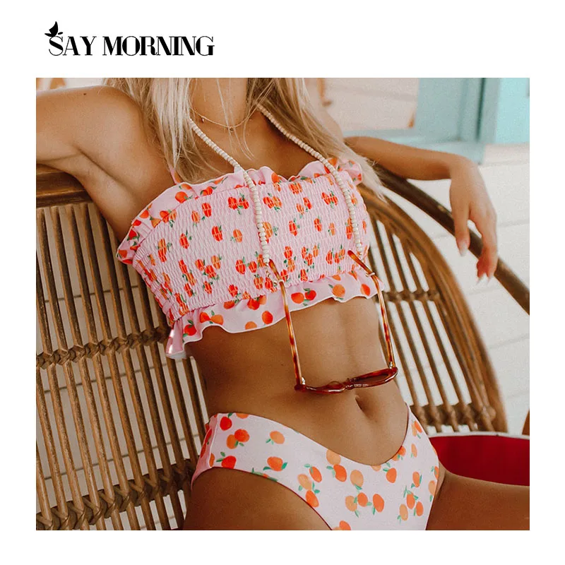 

SAY MORNING High Waist Printed Cherry Pleated Swimsuit Thong With High Waist Swimsuit Women's Swimsuit 2021 Sexy Bikini Set Swim