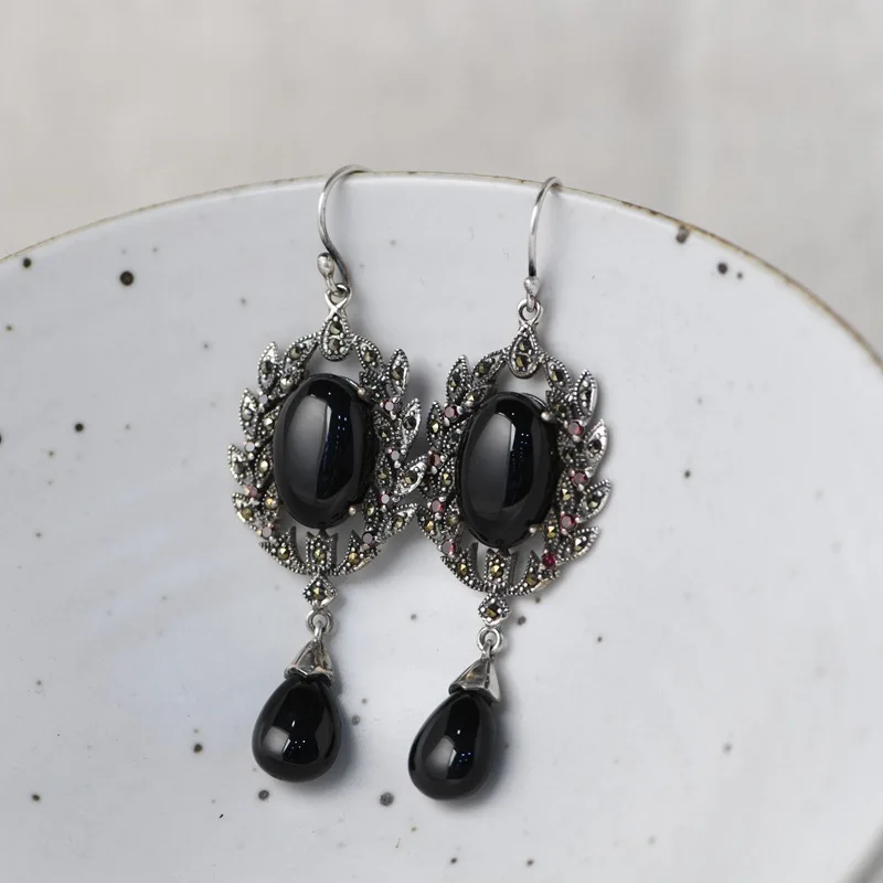 

FNJ Black Agate Flower Earrings 925 Silver Original Pure S925 Sterling Silver Drop Earring for Women Jewelry MARCASITE