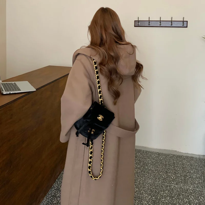 Женское черное шерстяное пальто с капюшоном Ulzzang Chic теплая Повседневная