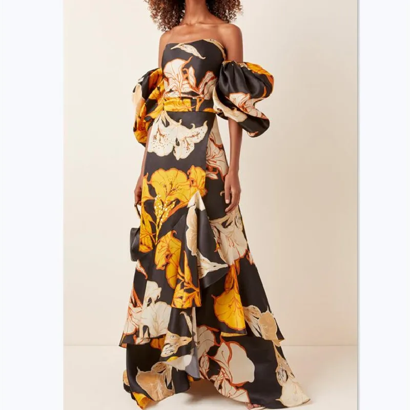 

Vintaeg Casual 2020 Summer Women Print Dress Sexy Slash Neck Puff Sleeves Ruffles Dresses