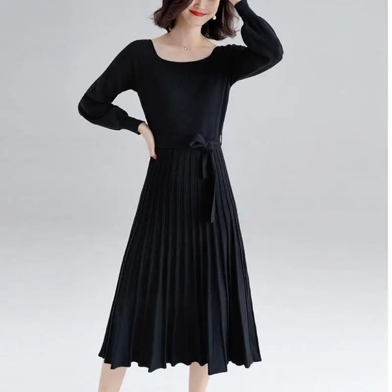 Осень зима 2019 модное трикотажное платье с круглым вырезом 4 однотонных цвета