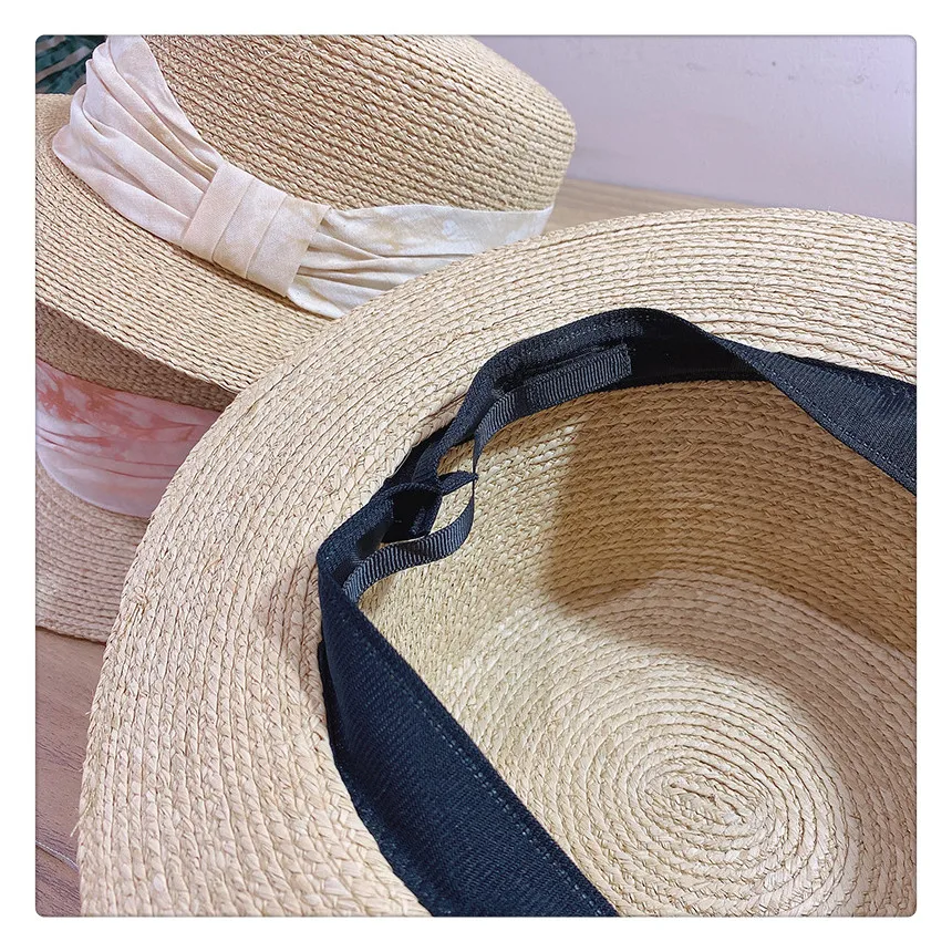 

202001-dupian11 Hand woven fine raffia grass color bowknot lady fedoras cap women beach flat leisure hat