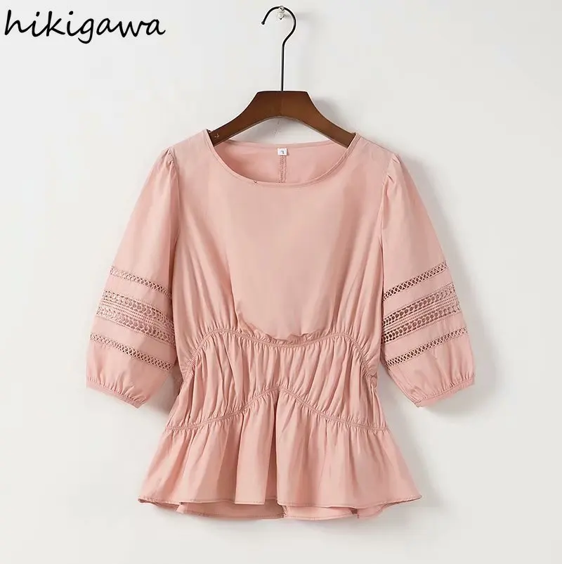 

Блузка Hikigawa с круглым вырезом, модная ажурная рубашка с коротким рукавом, однотонный тонкий приталенный пуловер, топы, женская одежда в Коре...