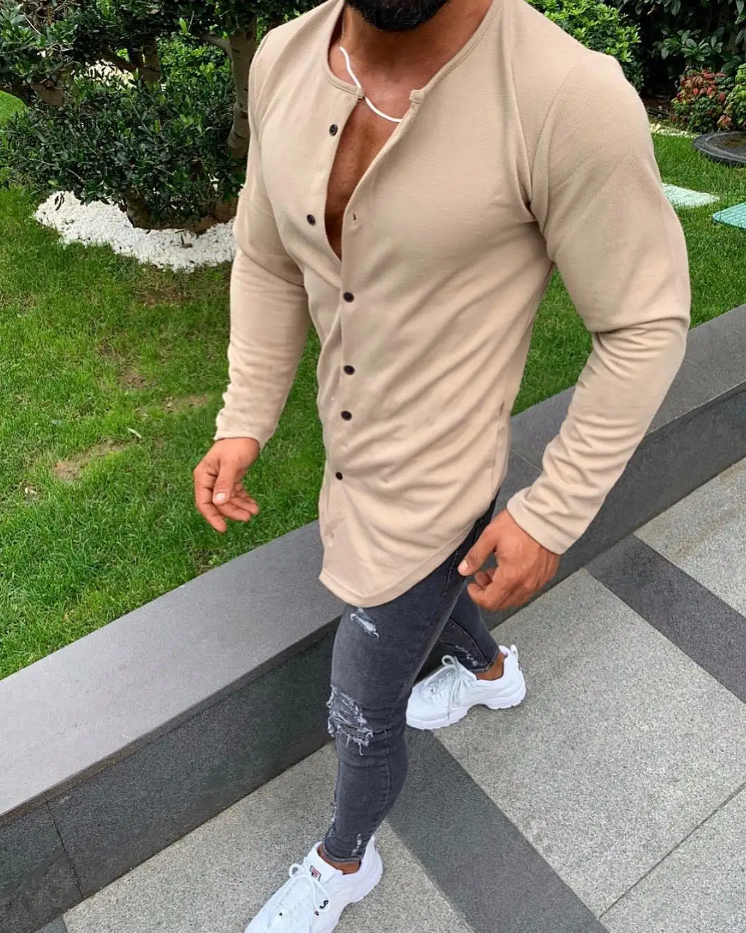 

Men T Shirt Single Breasted Long Sleevestreetwear Longline Hem Skinny T-Shirt Men Hip Hop Fashion T-Shirt
