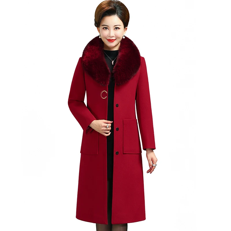 

Autumn Winter Women Woolen Coat New Fashion Fur Collar Mid Long Outerwear High Quality Middle Aged Female Wool Jacket 5XL