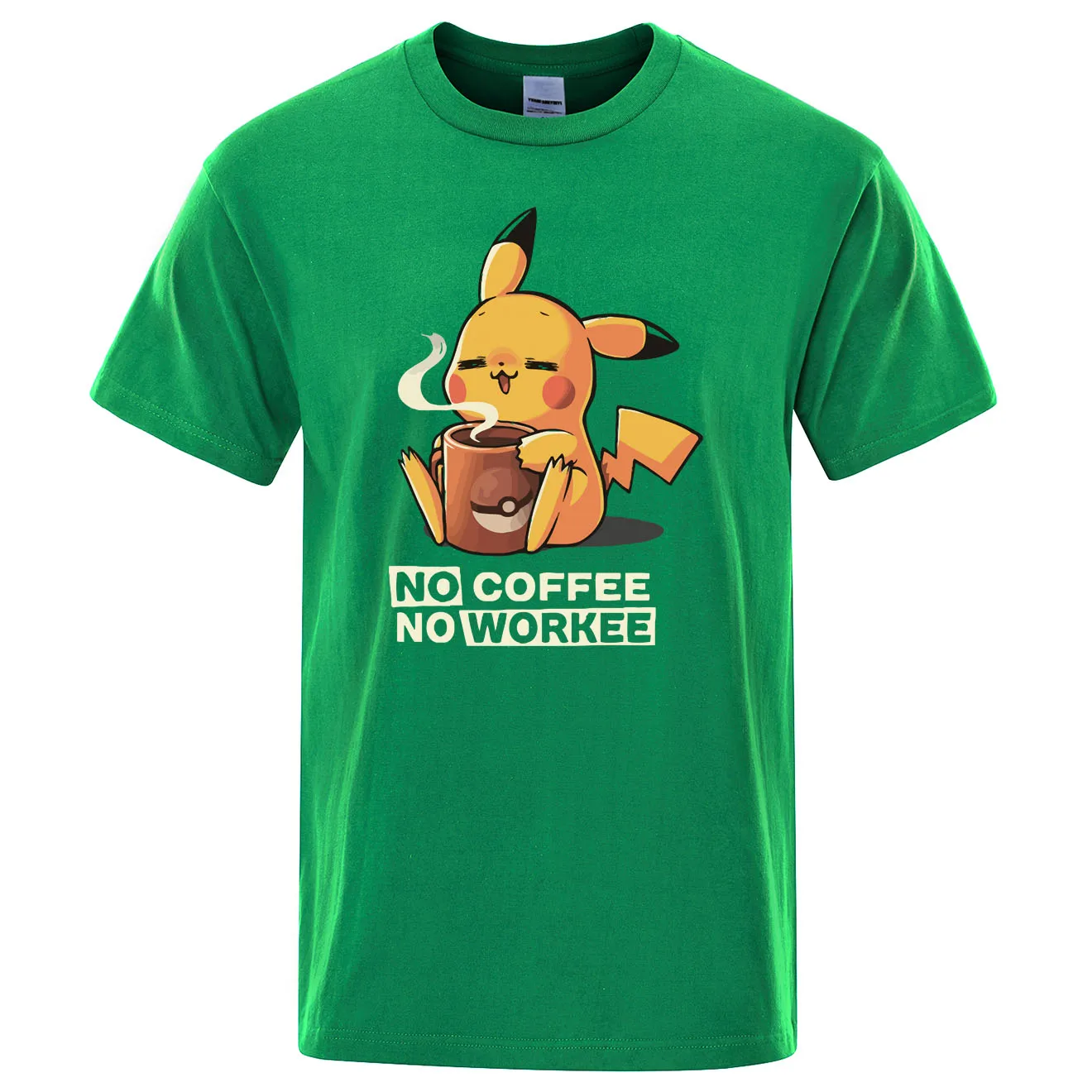 Футболки NO COFFEE NO WORKEE, Пикачу, футболка Pokemon, повседневные мужские футболки с круглым вырезом, Забавные футболки, черные мужские топы, брендовая одежда