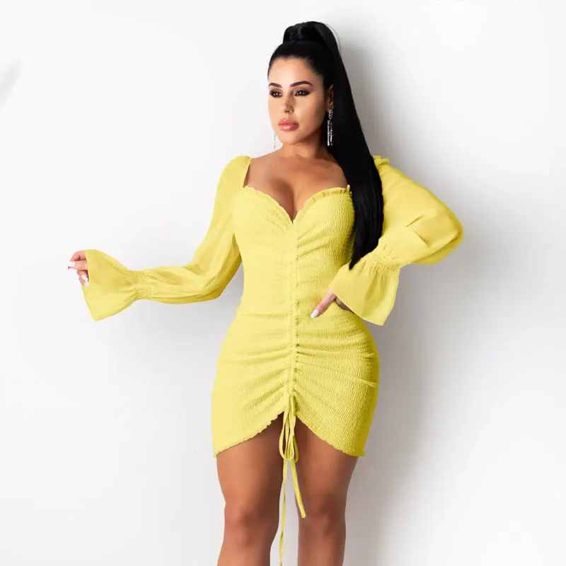 

Off Shoulder Bodycon Wrap Dress Women Long Sleeve Backless Mini Tube Dress Autumn 2020 Black Mesh Strapless Ruched Dress Vestido