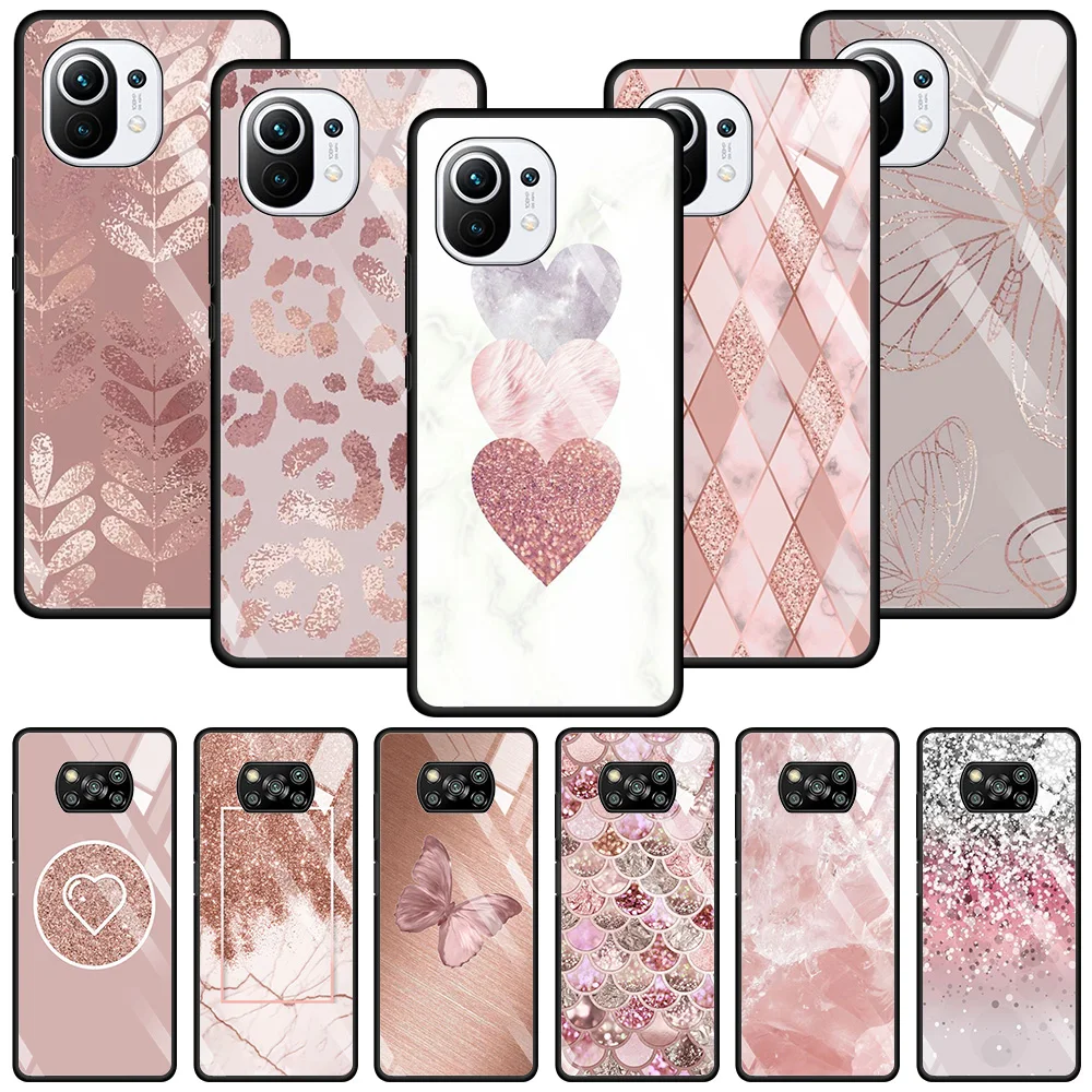 

Pink Gold Rose Glitter Hearts Glass For Xiaomi Poco X3 NFC M2 F2 Pro Case For MI 11 Ultra 11 10 10T Lite 9T CC9 Note 10 Shell