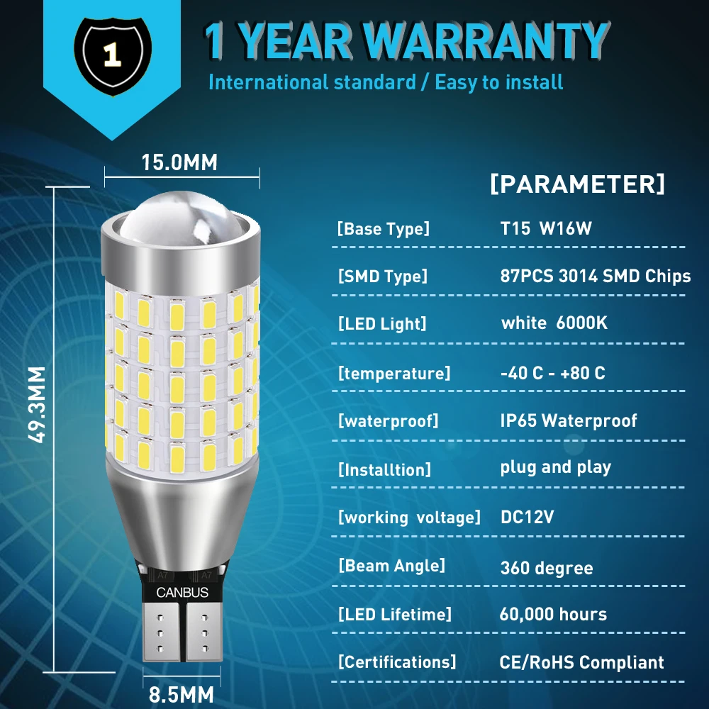 Светодиодсветодиодный фонари заднего хода 12 В 2 шт. Canbus T15 W16W 921 912 | Сигнальные огни