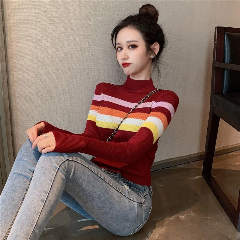 

New Colorful Striped Turtleneck Knit Bottoming Top Fashion Sweet Long Sleeve Women's Sweater