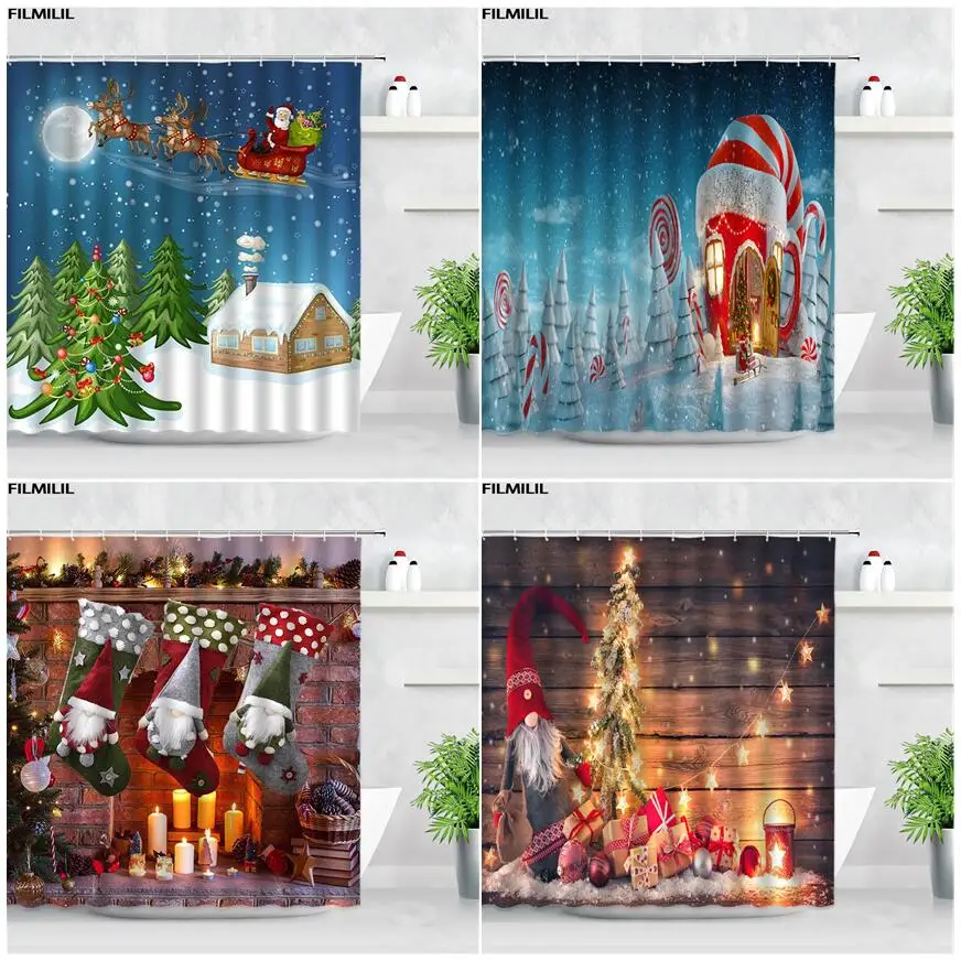 

3D Christmas Shower Curtains Cedar Santa Claus Reindeer Fireplace Xmas Party Decor Waterproof Bath Curtain New Year Bathroom Set