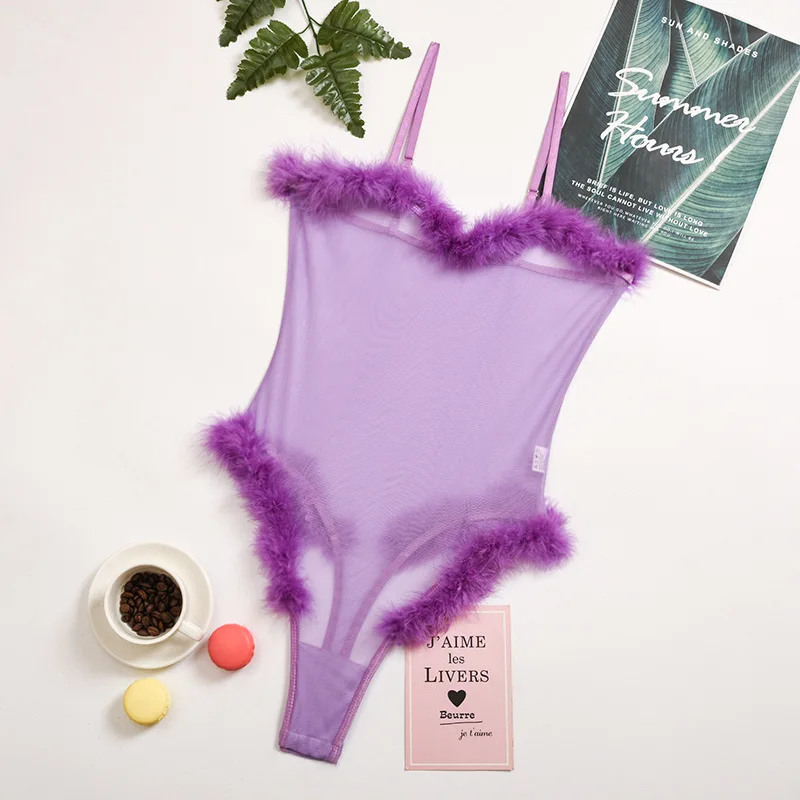 Женское кружевное ночное белье с перьями прозрачное боди плюшевым подолом без