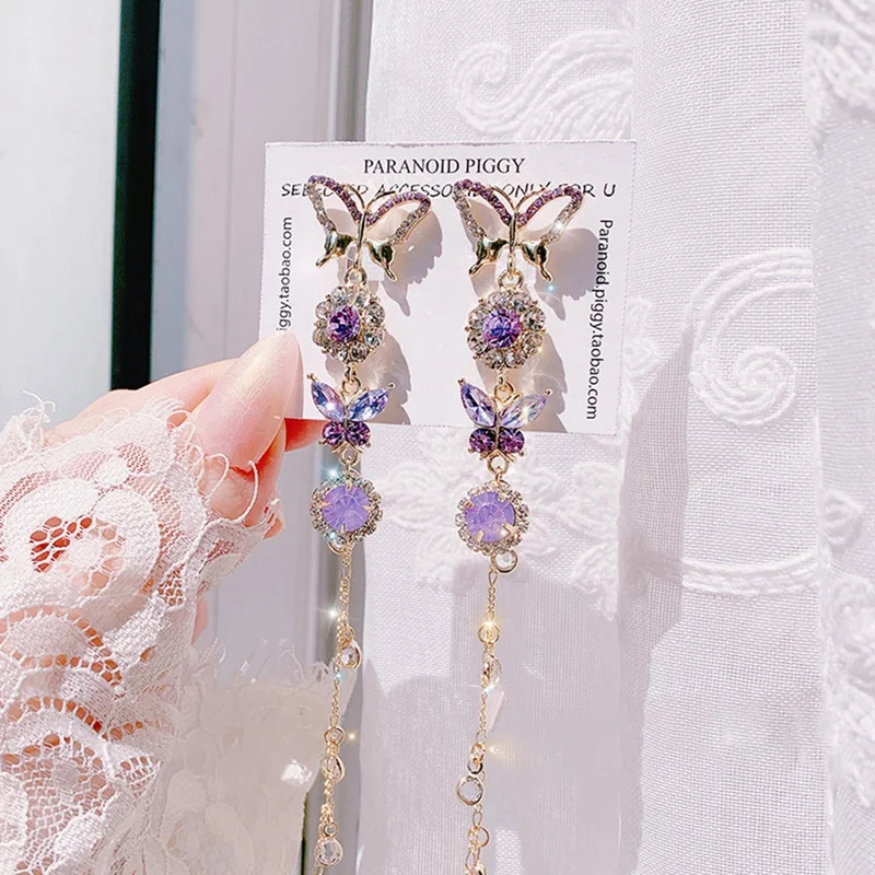 

2021 South Korea New Exquisite Butterfly Pendant Earrings Fashion Temperament Long Tassel Versatile Earrings Female Jewelry