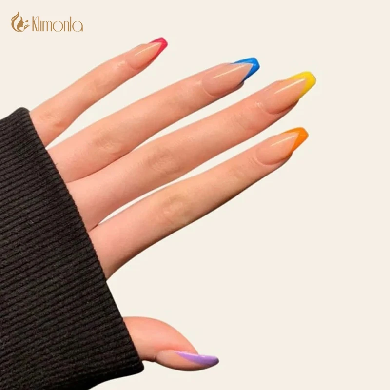 Накладные ногти 24 шт./коркорт. Французская Радужная акриловая Накладка для