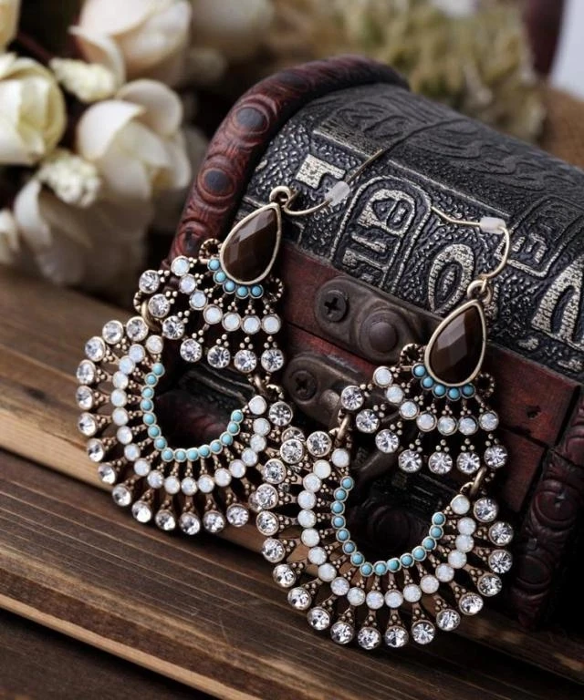 

Fashion Bohemia Ethnic Style Tibetan Color Multicolor Enamel Rhinestone & Resin Beaded Statement Big Drop Earrings Jewelry