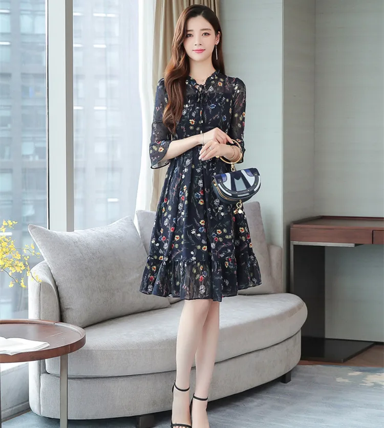 

Floral chiffon dress 2021 popular women's summer new style short-sleeved short waisted thin mid-length skirt chinese fashion