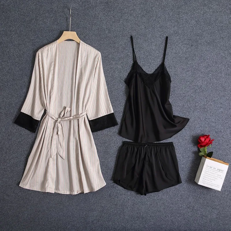 

Комплект пижамный женский из 3 предметов, Свободный Повседневный пижамный комплект, пикантный кружевной халат с V-образным вырезом, одежда д...