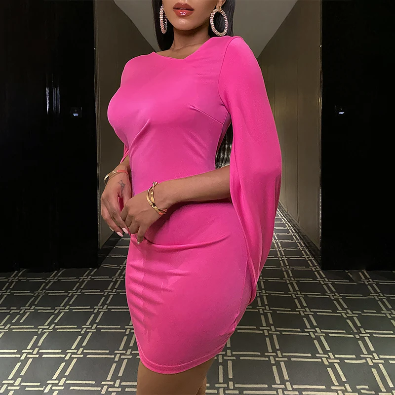 

Elegant and Fashionable New Women's Cape Dress Banquet Dress Pleated Long-sleeved Temperament Slim Bodycon Mini Dress Version