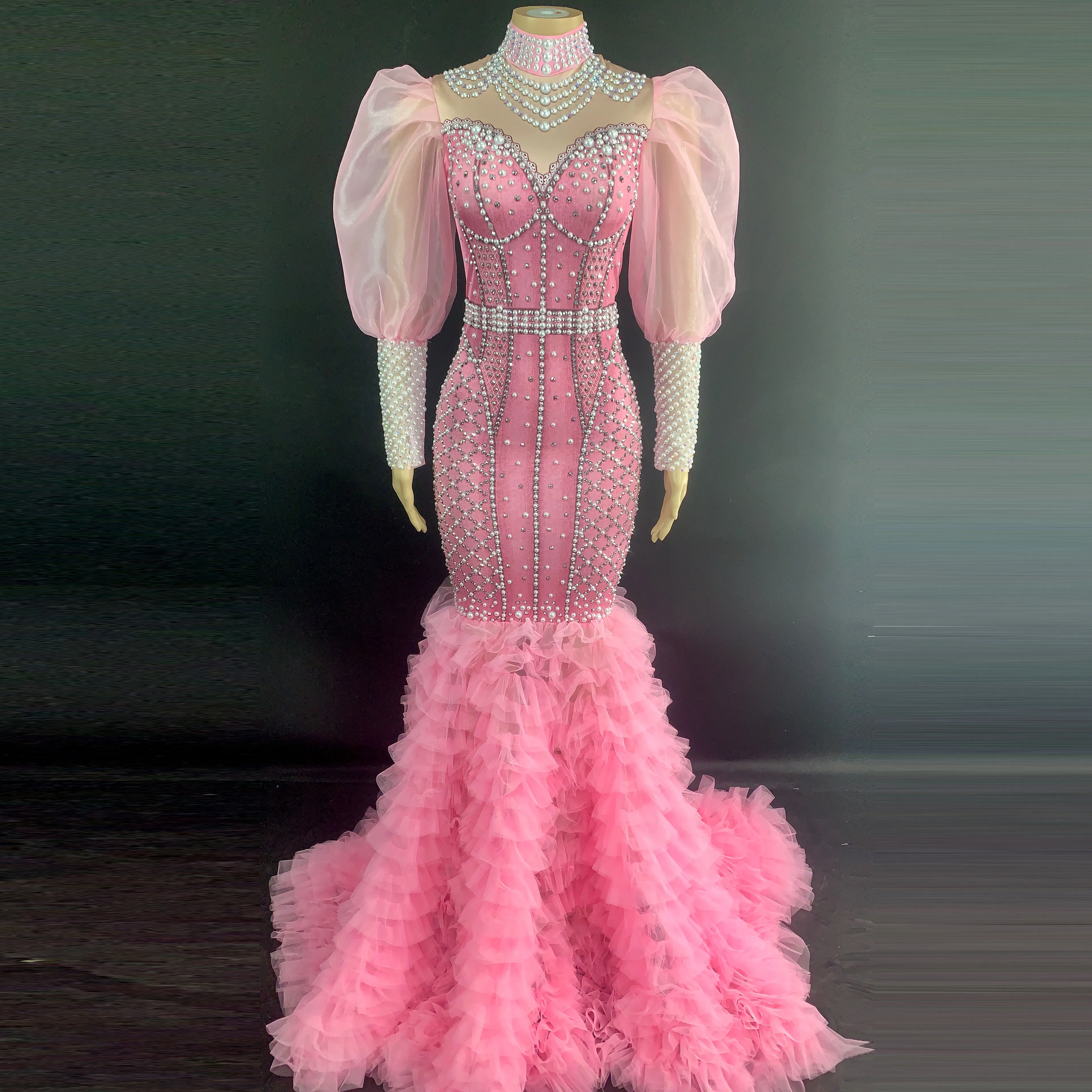 

Sparkly Rhinestone Pearl Long Tail Dress Women Birthday Transparent Sleeves Dress Prom Celebrate Dancer Dress