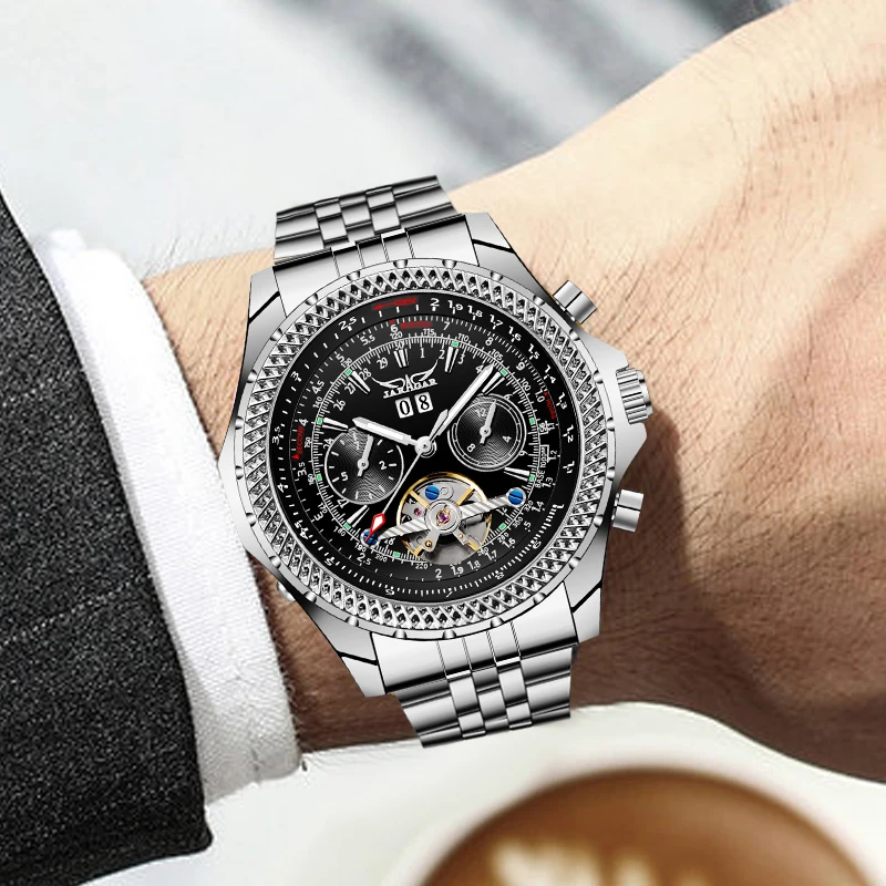 

JARAGAR Men's Automatic Sports Watch White Racing Car Design Calendar Bling Genuine Leather Self-Wind Mechanical Male Relogio