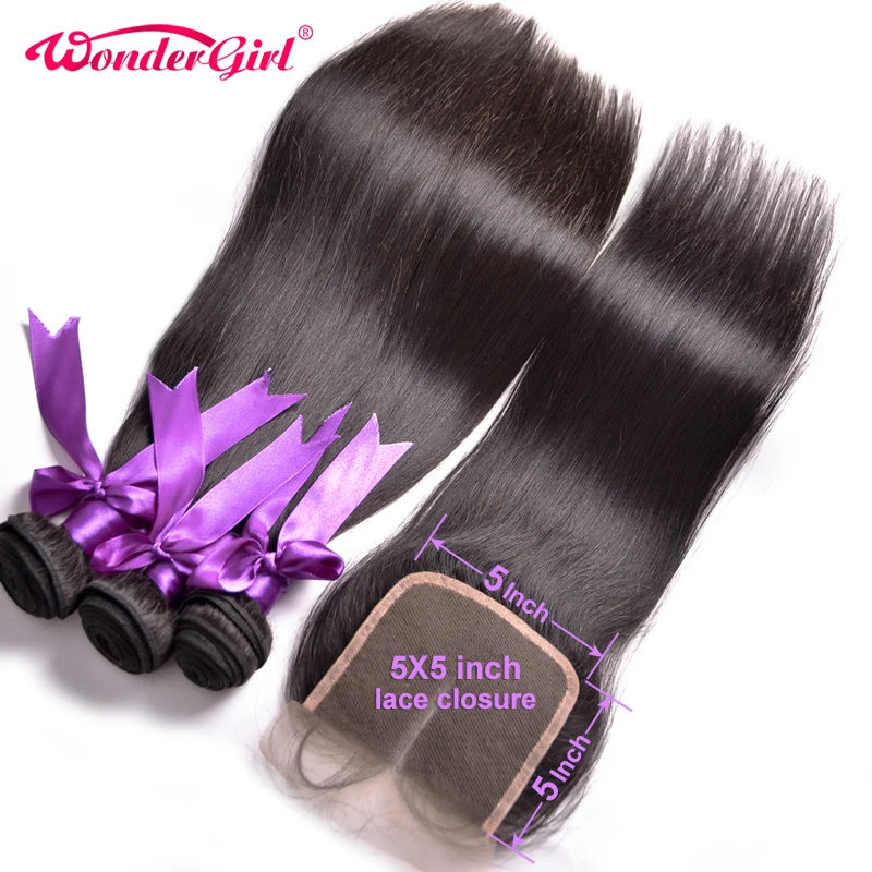 5x5 Закрытие с пучками перуанских прямых пучков волос закрытием Remy человеческих