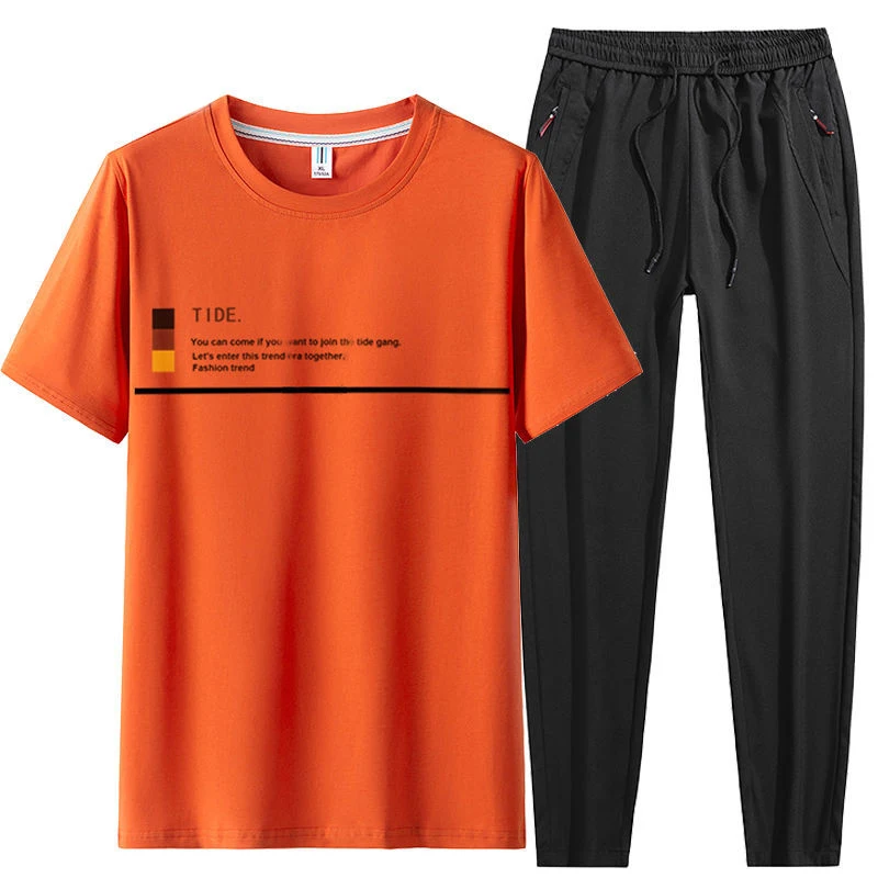 

Male Summer Printed Cotton T-shirt Short-sleeved Pants Handsome Pure Color Sports Leisure Trend Two Piece Men Sets Big yards5XL